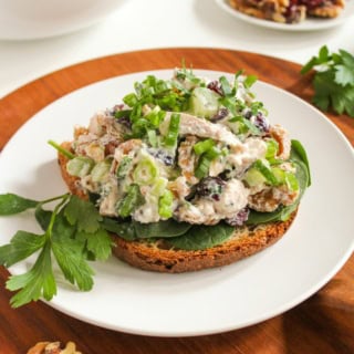 cranberry walnut chicken salad with Greek yogurt on a slice of bread
