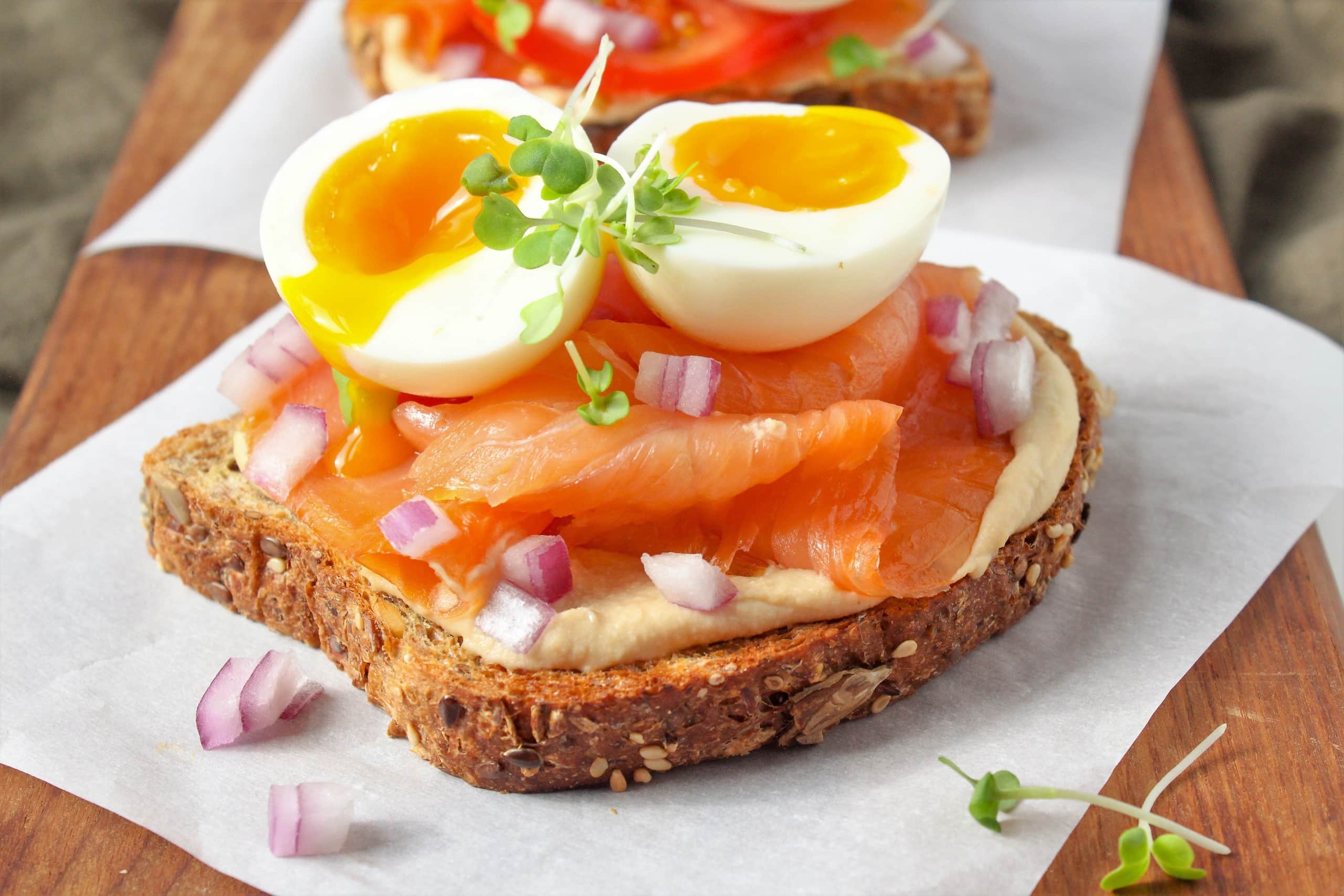 hummus toast with smoked salmon and soft-boiled eggs