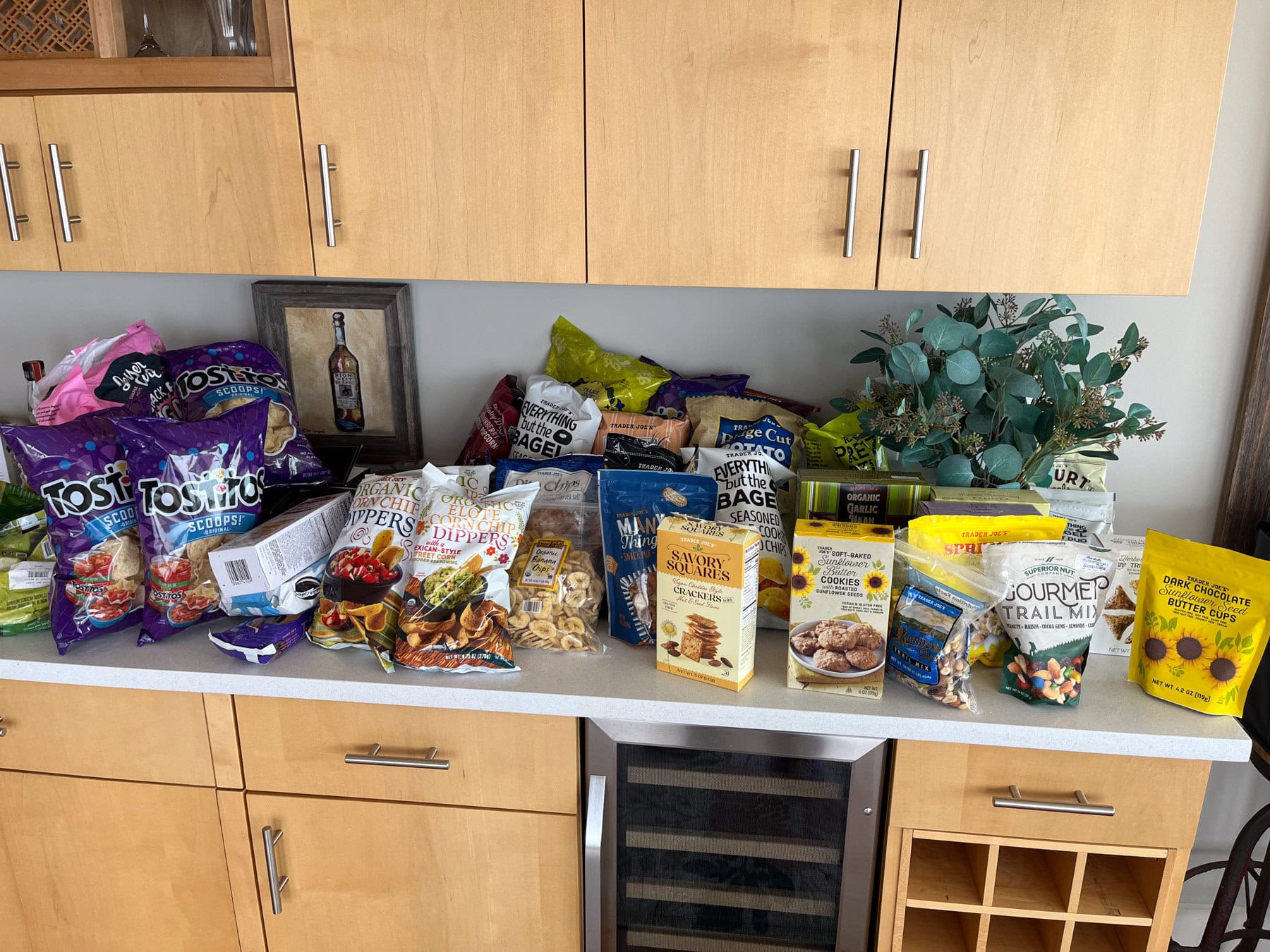 counter jammed with snacks