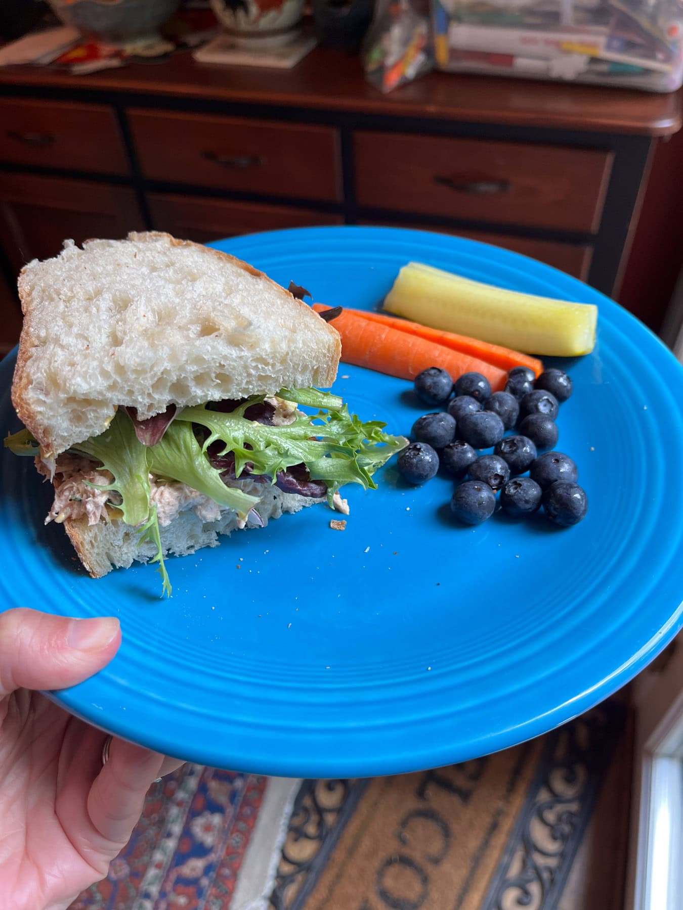tuna salad sandwich with carrots and blueberries