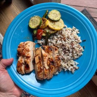 watermelon glazed chicken with parmesan veggies and rice