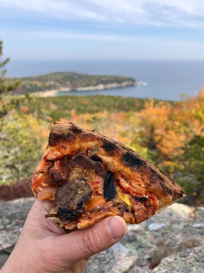 leftover pizza with a view of acadia national park