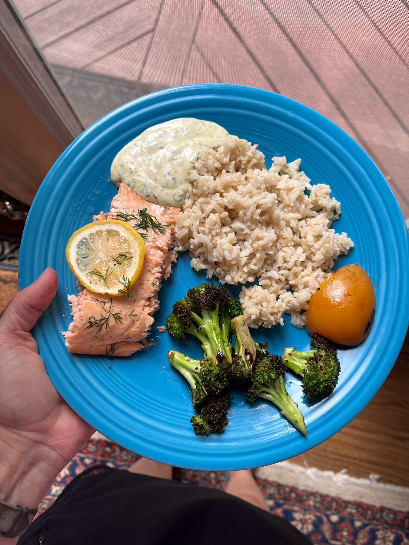 salmon with lemon mustard dill yogurt sauce, brown rice, roasted broccoli