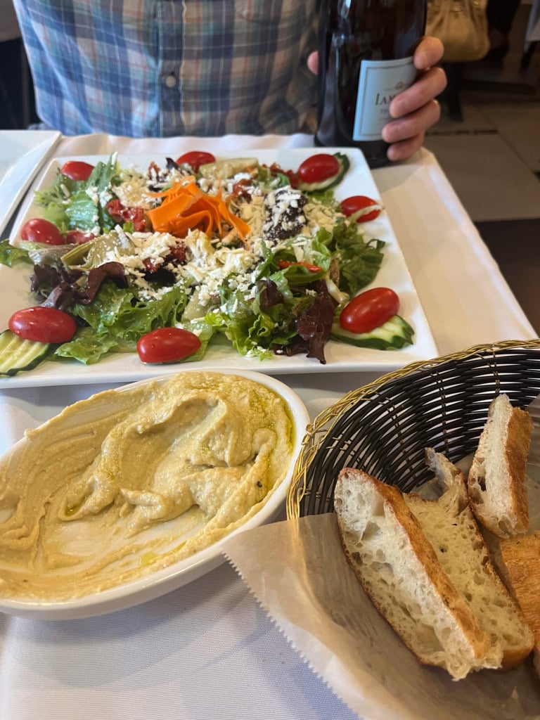 hummus, bread and salad from Alihan's mediterranean