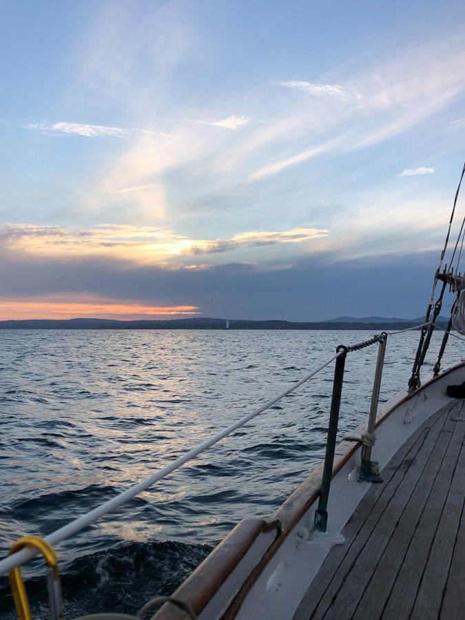 sunset from a boat in camden maine