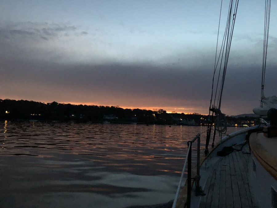 sunset over the water in camden maine