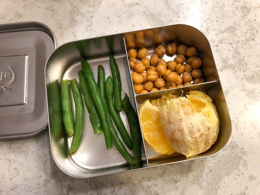 dried chickpeas, string beans, orange