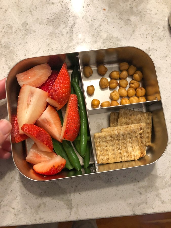 dried chickpeas, strawberries and beans, crackers