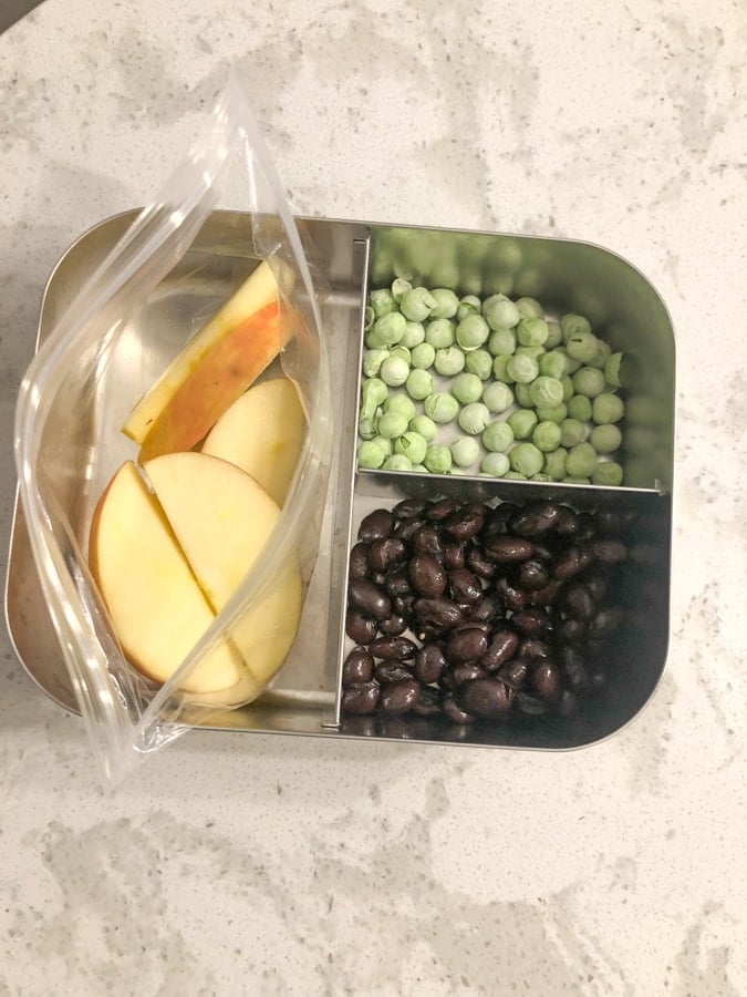 black beans, dried peas, apples