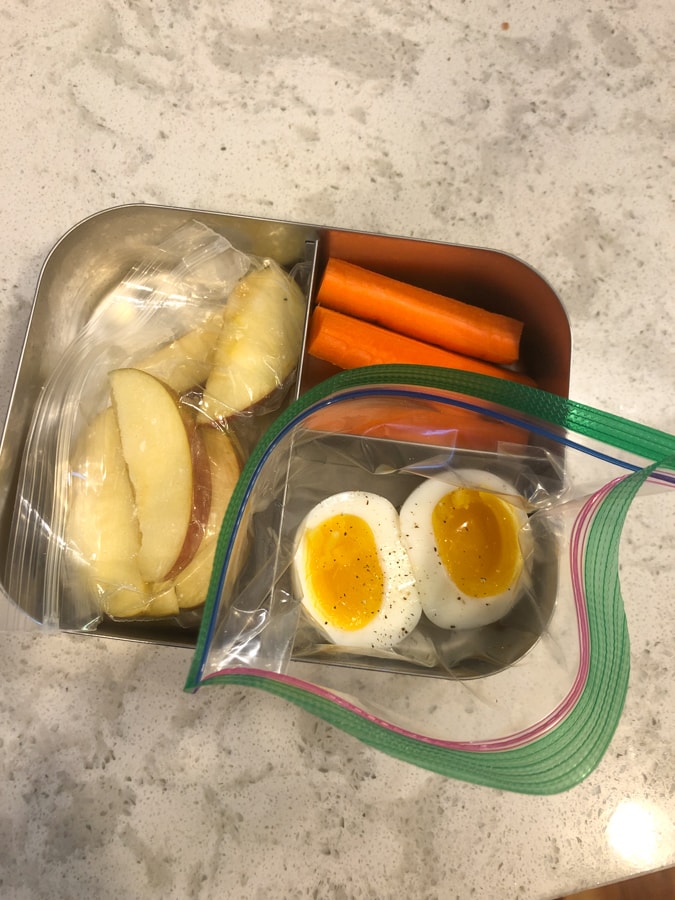 apples, carrots, medium boiled egg