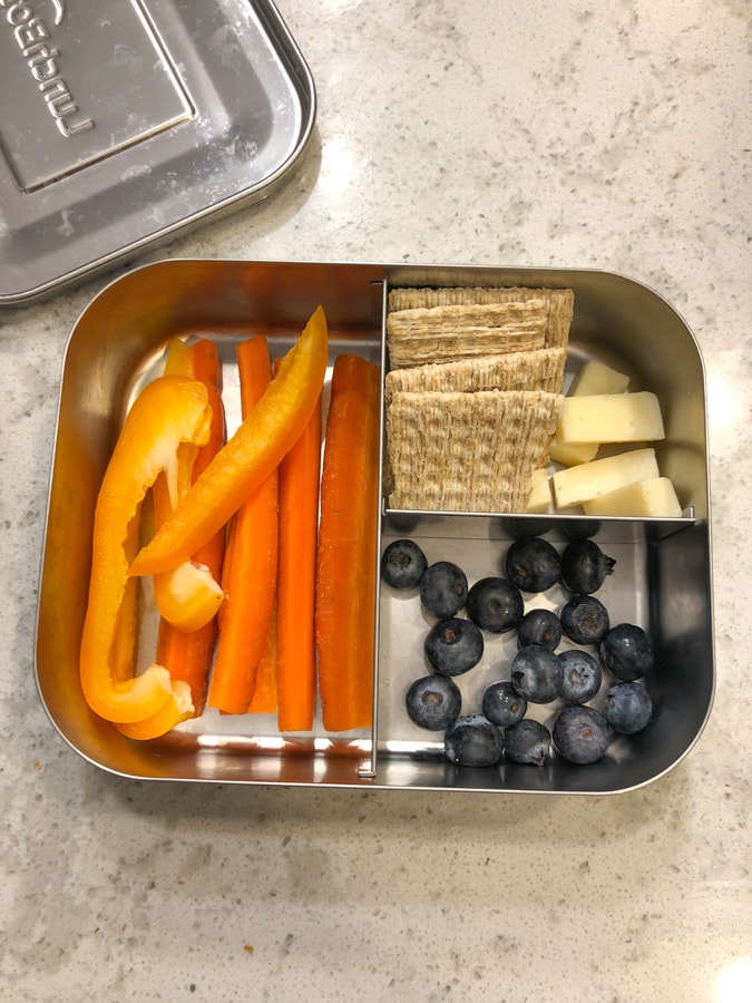 crackers and cheese, blueberries, peppers and carrots