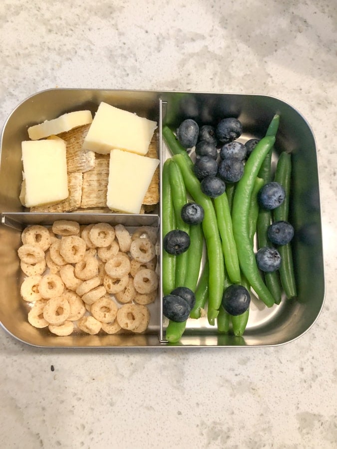 cheese and crackers, power o's, blueberries, string beans