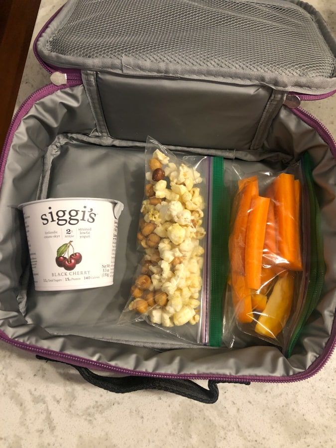 siggi's yogurt, popcorn and chickpeas, carrots