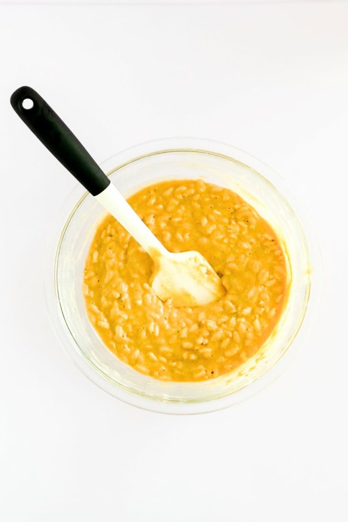 peanut butter muffin batter in a glass bowl