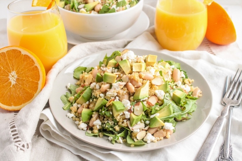 quinoa salad with orange vinaigrette, avocado, and arugula