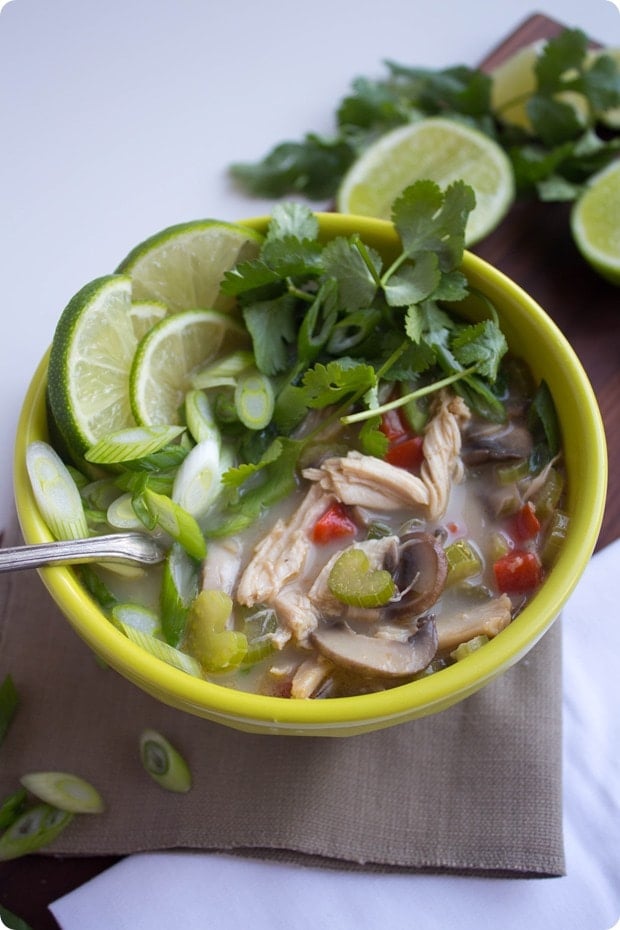 thai coconut chicken soup 1 thai coconut chicken soup in a bowl with limes and herbs