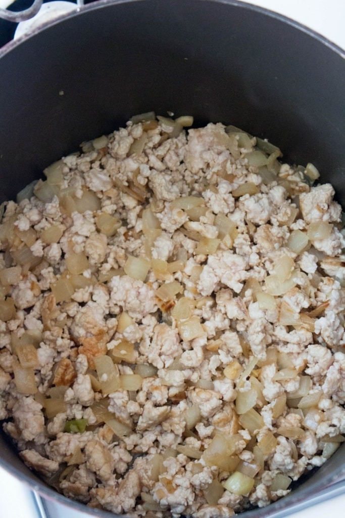 sauteed ground turkey and onions in a skillet