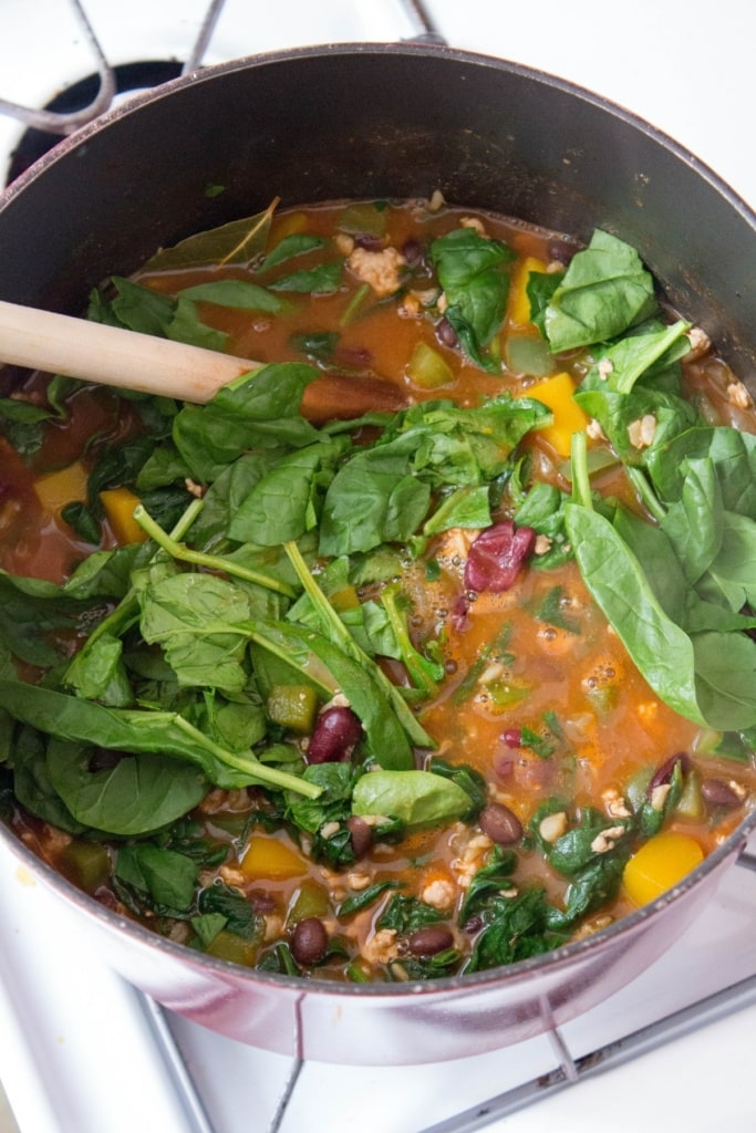 turkey butternut squash chili ingredients in a pot