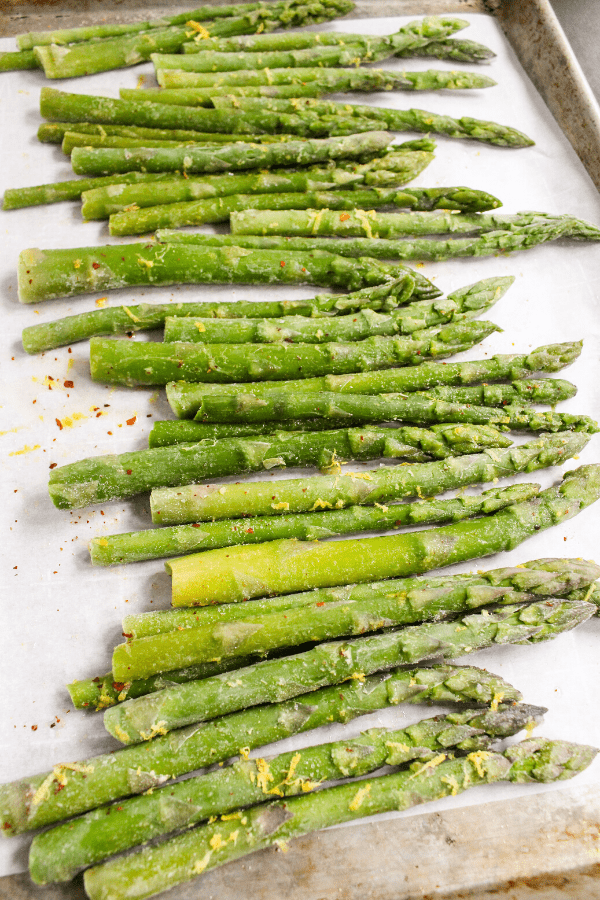 frozen asparagus on sheet pan