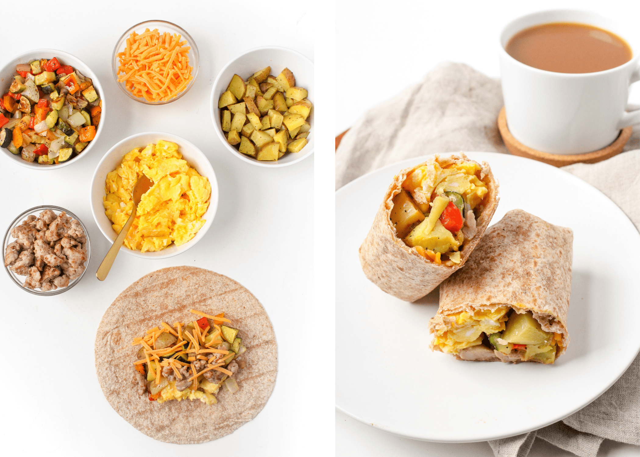 sausage and egg breakfast burritos with roasted vegetables on a plate with a mug of coffee in the background