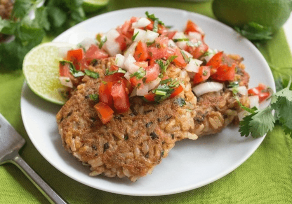 salmon brown rice cakes with salsa